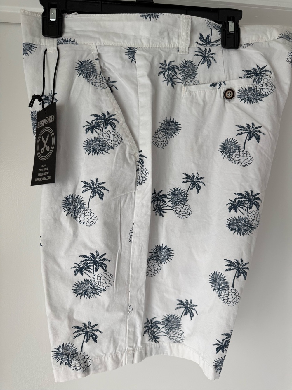 Bespoke White Cotton Shorts with Navy Pineapple Print